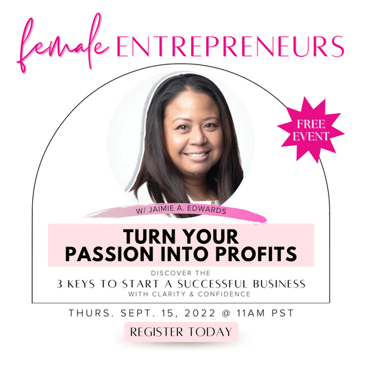 Your Personal Business Coach Jaimie A. Edwards of TheeRisingGoddess Inc. will be hosting a FREE 90min Masterclass: Turn Your Passion Into Profits on Thursday, Sept. 15, 2022 @ 11am PST - Register Now - Registration Closes Tuesday, Sept. 13, 2022 @ 12am PST
